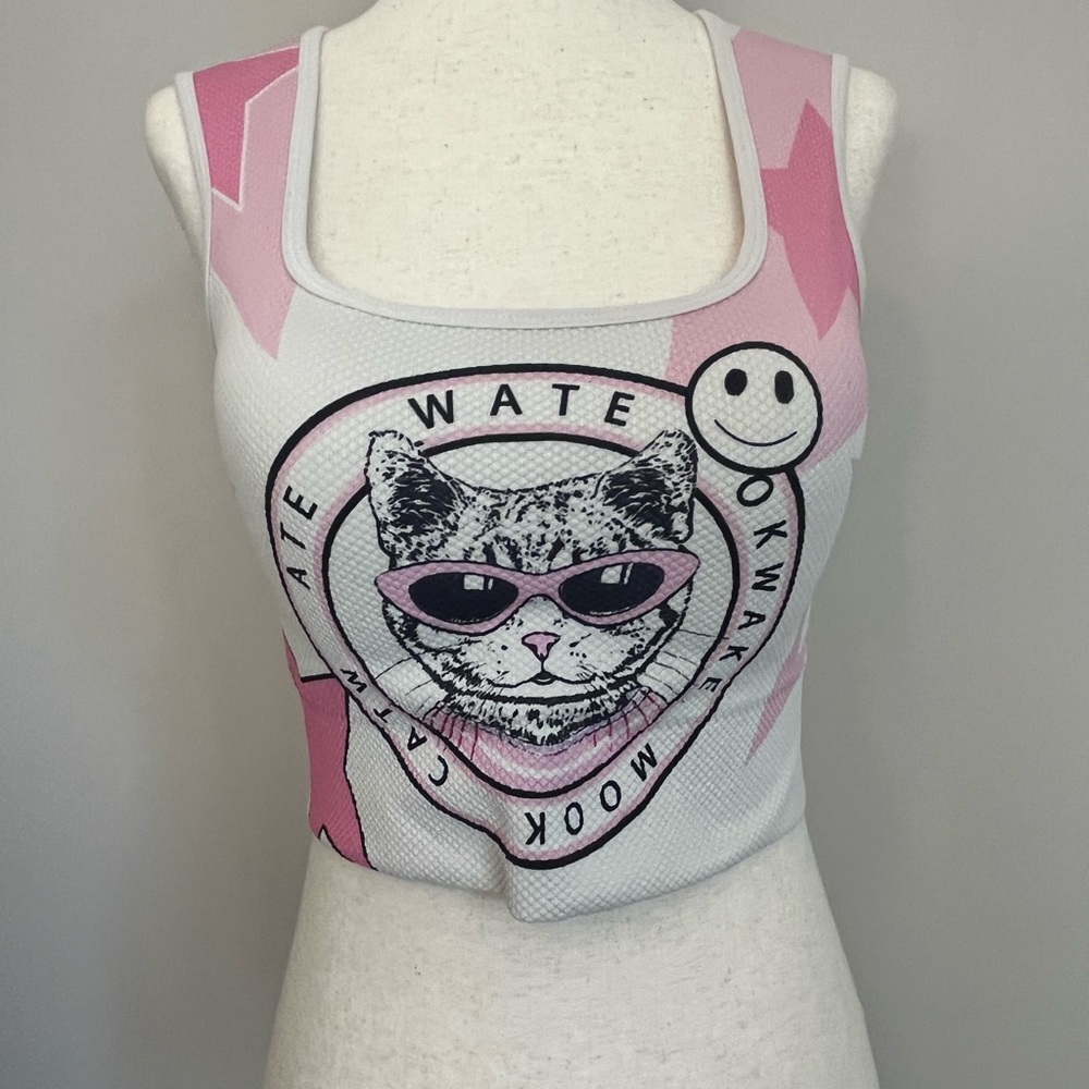 Pink and White Cat Graphic Crop Top - Women size Med